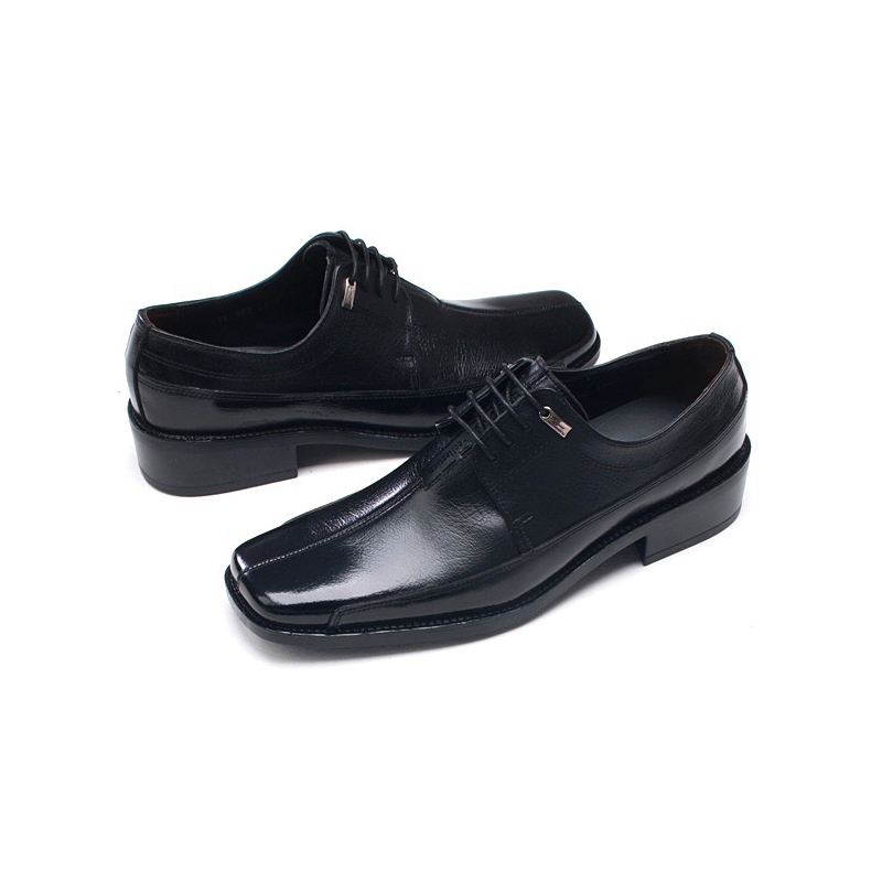 Mens flat square toe black cow leather rubber sole lace up Dress shoes ...