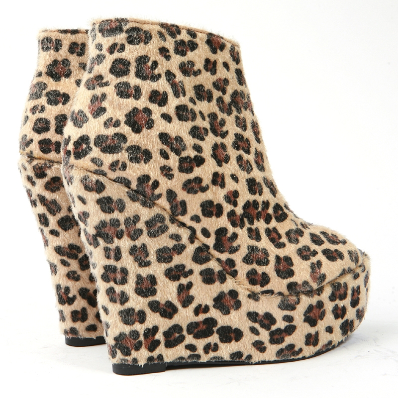 Womens leopard fur thick platform high wedge boots
