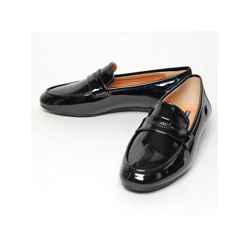 glossy black loafers