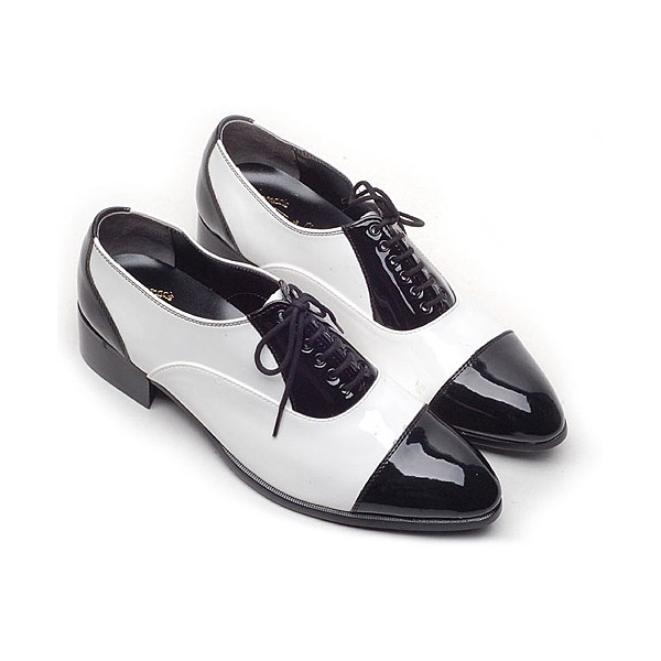 Men's Glossy Black & white Lace Up straight tips dress shoes