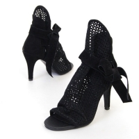 ribbon ankle strap dotted punch detail peep toe heels summer bootie black