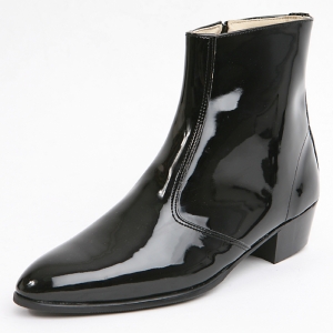 Mens inner real leather western glossy black side zip high heel ankle ...