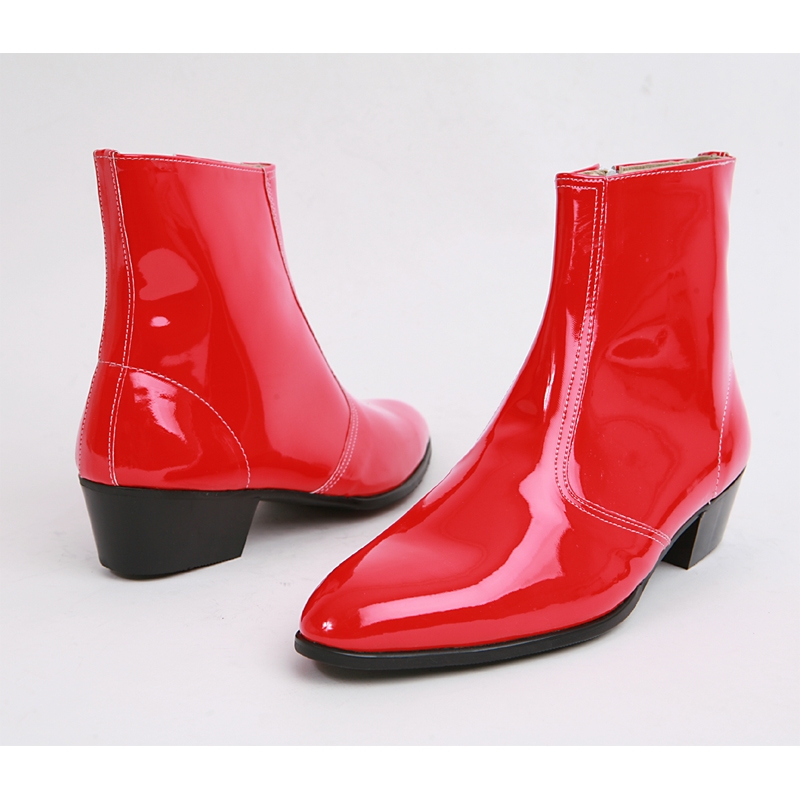 Mens inner real leather western glossy Red side zip high heel ankle