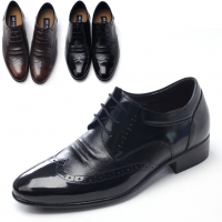 Mens wing tip real leather round toe increase height hidden insole lace up oxfords dress shoes