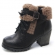 Womens raise round toe vintage fur belt side zip closure bold high heels combat sole ankle boots