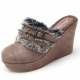 Womens round toe stud belt strap chic fur detail platform high wedge heels mules sandals Brown