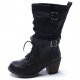 Womens steampunk two belt strap wide entrance eyelet lace up side zip combat sole med square heels mid calf boots black