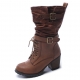Womens steampunk two belt strap wide entrance eyelet lace up side zip combat sole med square heels mid calf long boots Brown