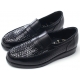 Mens chic U-line stitch side punching summer mesh detail black real leather﻿ loafers comfortable slip on shoes