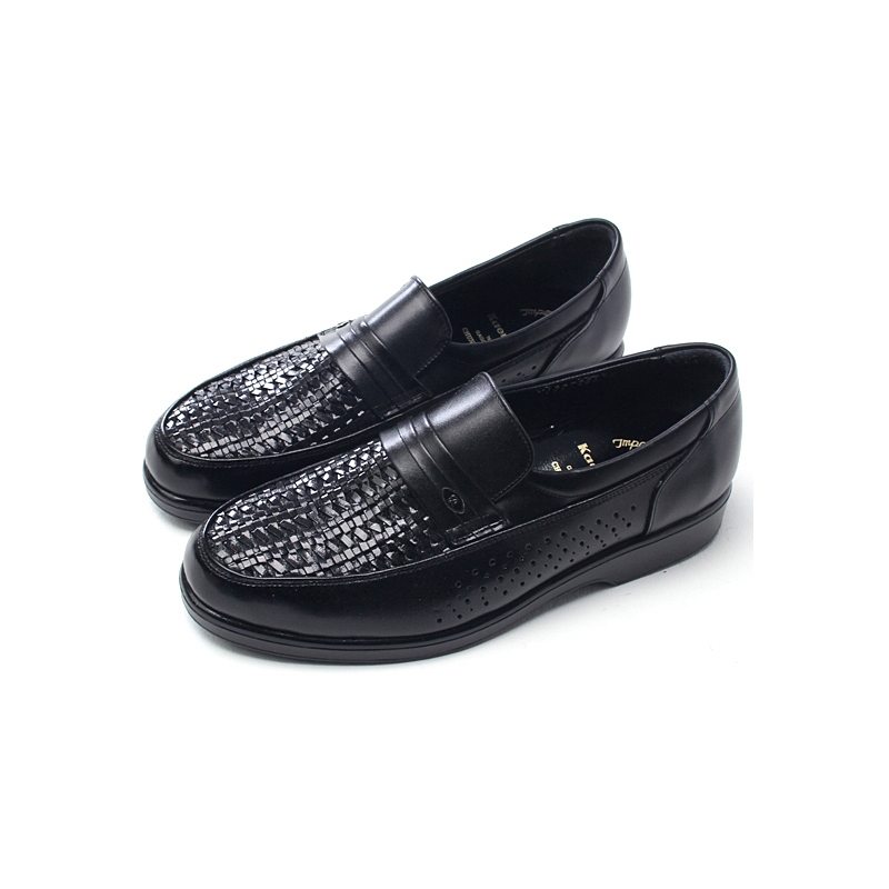 Mens U line stitch mesh black leather﻿ loafers