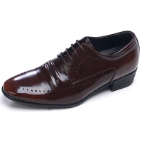 Mens round toe punching detail lace up brown cow leather increase height elevator hidden insole dress shoes US5.5-US10