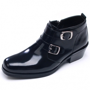 Men's chic black leather square toe high heels side zip double buckle ankle boots