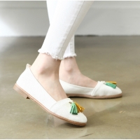 Womens chic tassel decoration fabric loafers white shoes