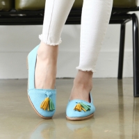 Womens chic tassel decoration fabric loafers light blue shoes