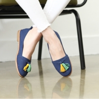 Womens chic tassel decoration fabric loafers dark blue shoes