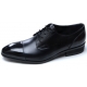 Mens chic straight tip flat round toe Black Leather lace up closure side punching detail rubber sole dress shoes