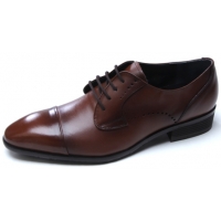 Mens chic straight tip flat round toe Brown Leather lace up closure side punching detail rubber sole dress shoes