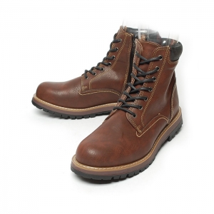 Mens raise round toe brown synthetic leather side zip & eyelet lace up closure combat sole ankle boots
