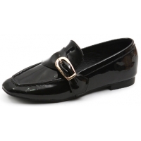 Womens glossy black flat square toe stitch wrinkle front big belt strap loafers