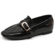 Womens glossy black flat square toe stitch wrinkle front big belt strap loafers