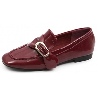 Womens glossy red flat square toe stitch wrinkle front big belt strap loafers