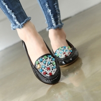 womens front jewel decoration stitch round toe glossy black comfort flat loafers fahion shoes
