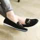 womens unique front horse bit decoration U line wrinkle stitch black synthetic leather comfort wedge flat loafers
