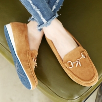 womens unique front horse bit decoration U line wrinkle stitch brown synthetic leather comfort wedge flat loafers