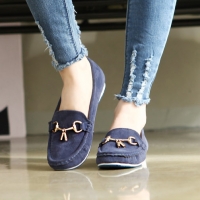womens unique front horse bit decoration U line wrinkle stitch blue synthetic leather comfort wedge flat loafers