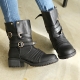 womens black synthetic leather straight tip belt strap wide entrance chunky med heels combat sole ankle boots