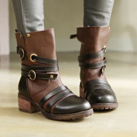 womens brown synthetic leather straight tip belt strap wide entrance chunky med heels combat sole ankle boots