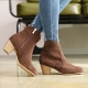 womens dark brown synthetic suede round toe comfort fit side zip chunky med heels ankle boots