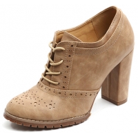 womens chic round toe punching detail lace up combat sole chunky high heels oxfords
