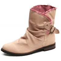womens vintage synthetic leather canvas round toe two tone belt strap wide entrance combat sole ankle boots