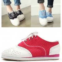 womens wing tip two tone white & pink blue light blue punching eyelet lace up platform wedge heel oxfords shoes
