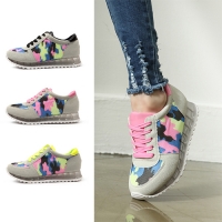 womens raise round toe black pink yellow military pattern multi color leather & mesh detail lace up fashion sneakers