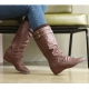 womens rounded-toe silhouette knit cuff double belt strap black brown synthetic leather wedge heels wrinkle mid calf boot