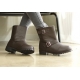 womens brown synthetic leather raise round toe insole & inner fur double buckle wide entrance low heel combat sole ankle boots