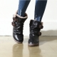 womens round toe wrinkle insole & inner fur double buckle strap wide entrance hidden wedge insole ankle boots