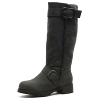 womens black synthetic leather round toe insole & inner fur big double buckle strap wide entrance side zip mid-calf boots