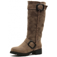 womens beige synthetic leather round toe insole & inner fur big double buckle strap wide entrance side zip mid-calf boots