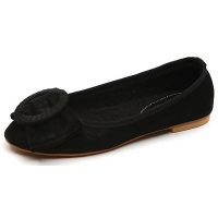womens front big ribbon inner fur detail black synthetic leather flat shoes
