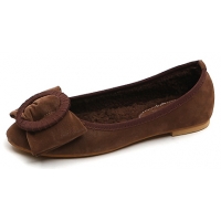 womens front big ribbon inner fur detail brown synthetic leather flat shoes
