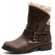 womens rock chic brown synthetic leather inner fur triple belt strap wide entrance low heel combat sole folding middle boots﻿﻿﻿﻿