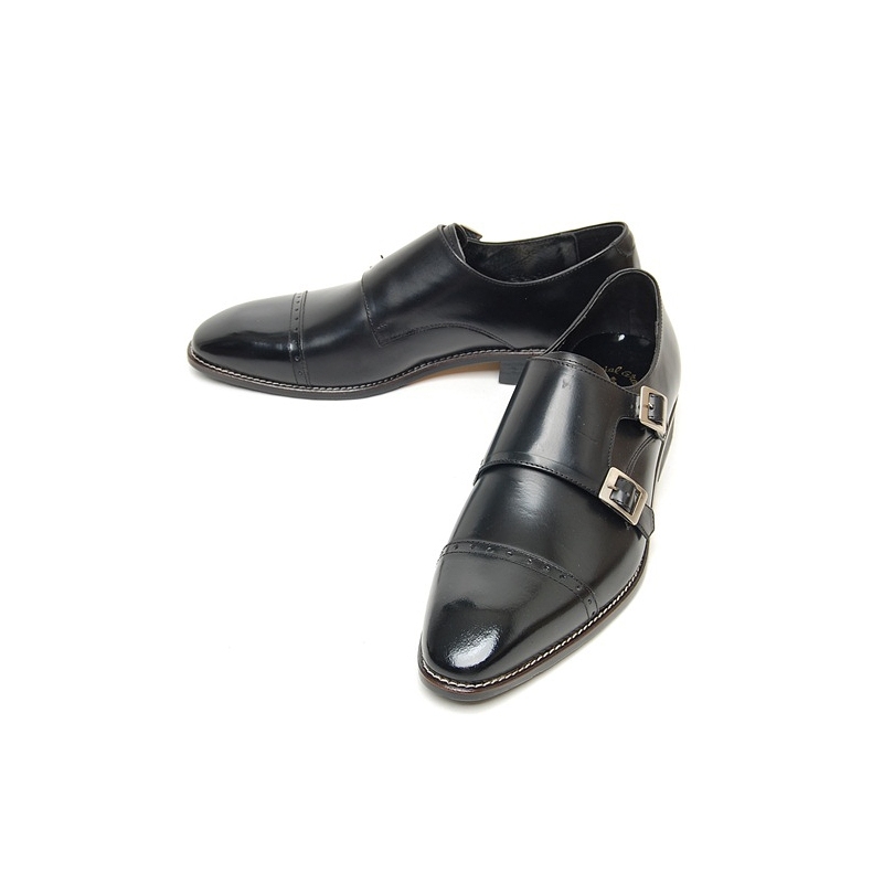 Mens black two buckle monk straight tip Dress shoes