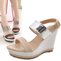 Womens chic celebrities classic style contrast tone wedges buckle sling back sandals shoes