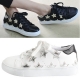 Womens synthetic leather glitter star patched lace up sneakers black white