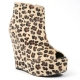 Womens open toe leopard brown fur thick platform zip high wedge heels ankle boots