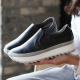 Women's real leather thick platform slip-on insert elastic gores sneakers black