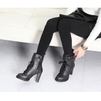 Women's rock chic buckle synthetic leather combat sole high heels black lace up ankle boots
